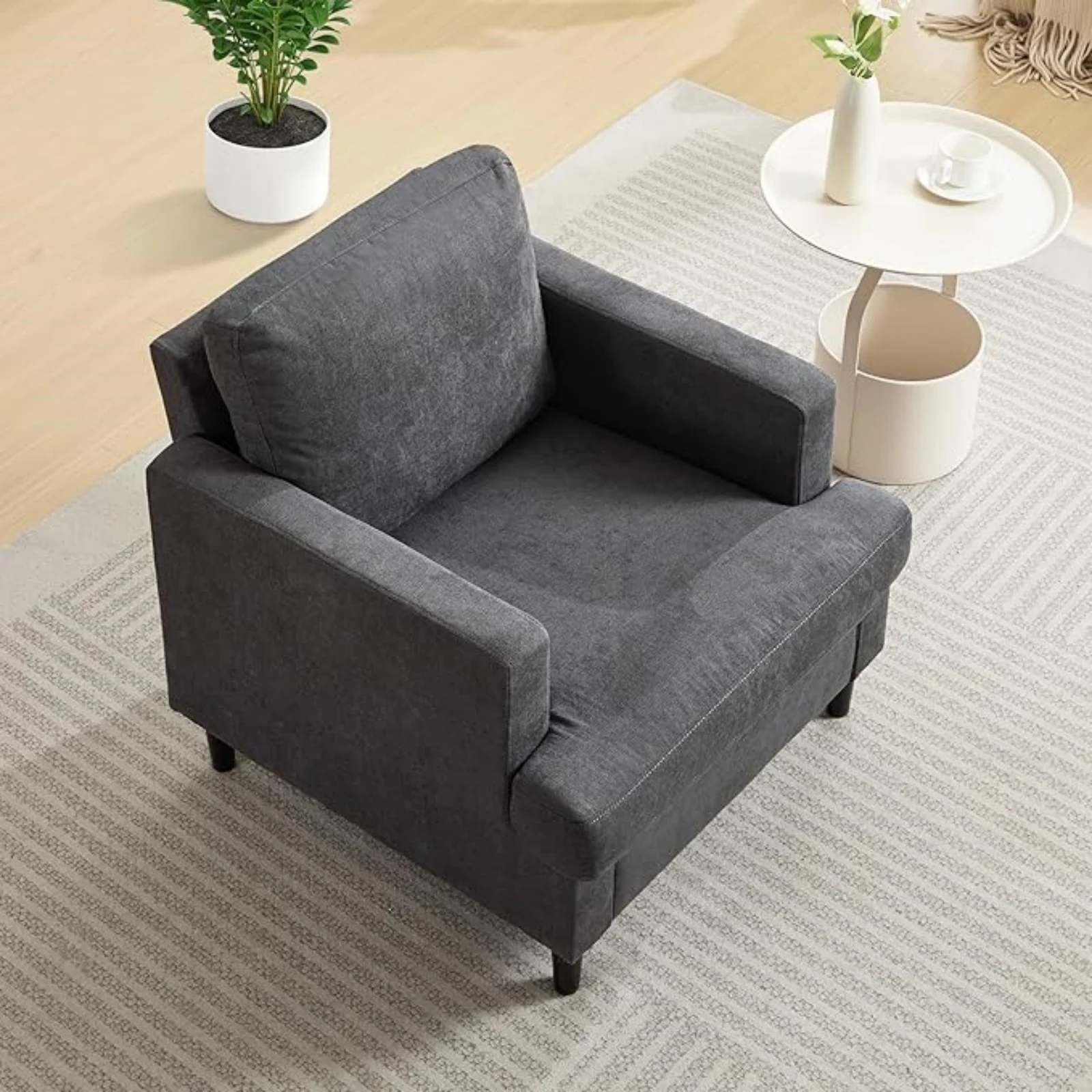 Mid-Century-Akzentsessel, moderner Sessel aus Leinenstoff für das Wohnzimmer, bequem gepolstert, Einzelsofa-Sessel für Schlafzimmer und Wohnzimmer – Detail 6