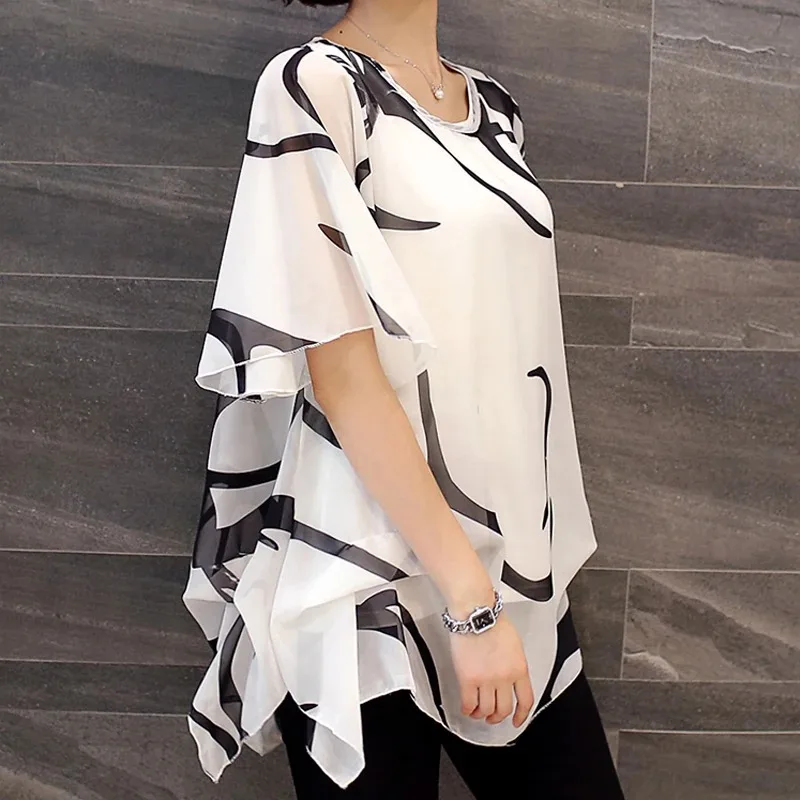 Women's Short Sleeve Loose Chiffon Blouse O-Neck Hollow Shirt Casual Tops Elegant Clothing Fashion Summer New 60A 30