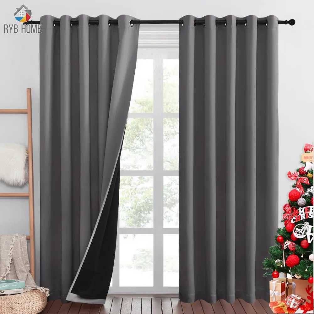 

RYB HOME 1PC Double Layer 100% Blackout Curtains Super Thick Insulated Complete Blackout Draperies with Black Liner For Living