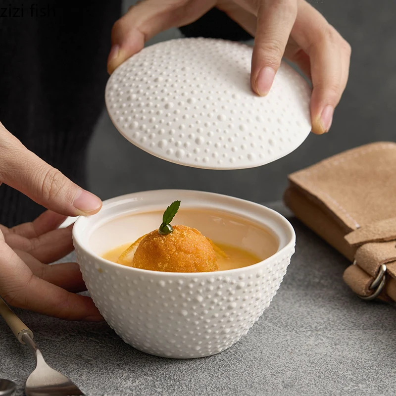 진주 도트 무광 세라믹 뚜껑있는 그릇 창의적인 수프 그릇 찐 계란 그릇 디저트..