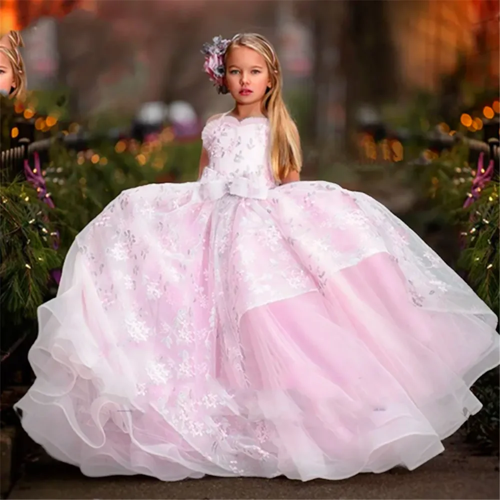 

Sleeveless Fluffy Tulle Lace Printing Layered Flower Girl Dress Princess Ball First Communion Dresses Surprise Birthday Present