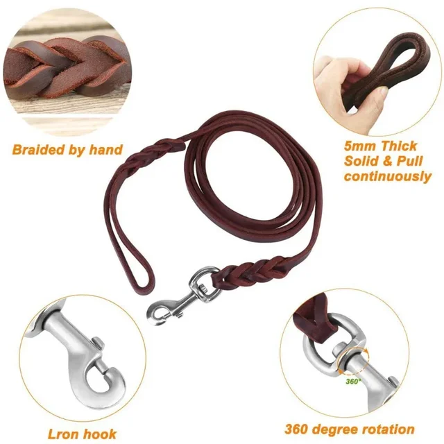 Genuine Leather Dog Leash Dogs Long Leashes Braided Pet Walking Training Leads Brown Black Colors for Medium Large Pet 3