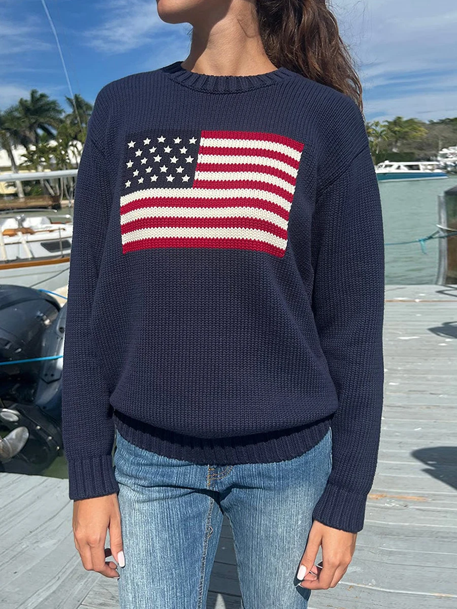 Women American Retro Sweater Long Sleeve Crew Neck Loose Fit Knit Pullover Tops Y2k Casual Loose Pullover Sweater 3