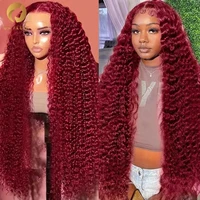 Perruque Lace Front Wig Deep Wave Brésilienne Naturelle, Cheveux Bouclés, Bordeaux 99J, 13x4, 13x6, HD, Pre-Plucked, 360 1