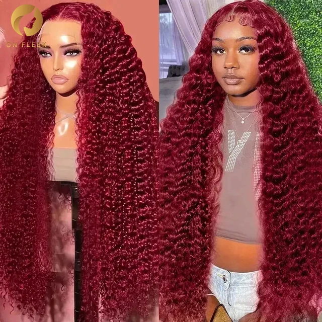 Perruque Lace Front Wig Deep Wave Brésilienne Naturelle, Cheveux Bouclés, Bordeaux 99J, 13x4, 13x6, HD, Pre-Plucked, 360 1