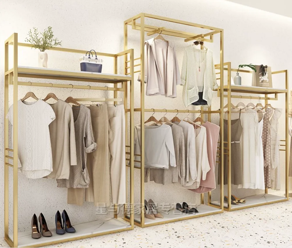 Clothing store shelves, floor standing women's clothing display racks, high-end clothes, gold double-layer hangers, floor standi