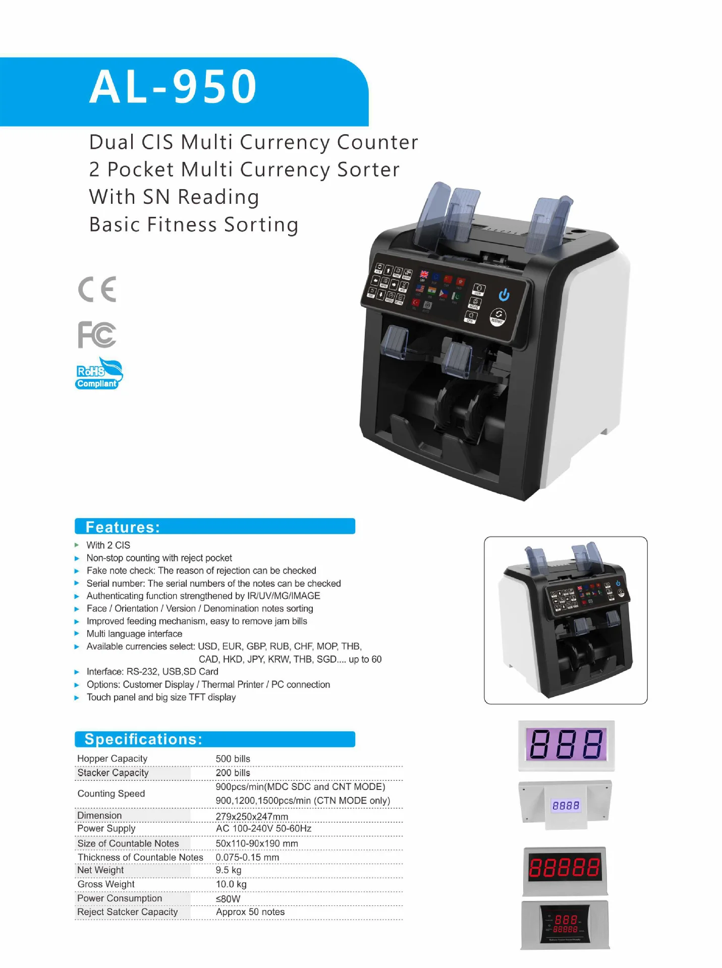 AL-950 Dual CIS Banknote Sorter Fitness Mix Value Money Counter Counterfeit Bill
