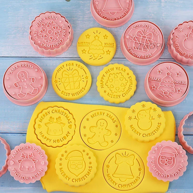 8pcs Merry Christmas Cookie Cutter Set Round XMAS Tree Gingerbread Man Deer Fondant Embosser Stamp DIY Christmas Party Supplies