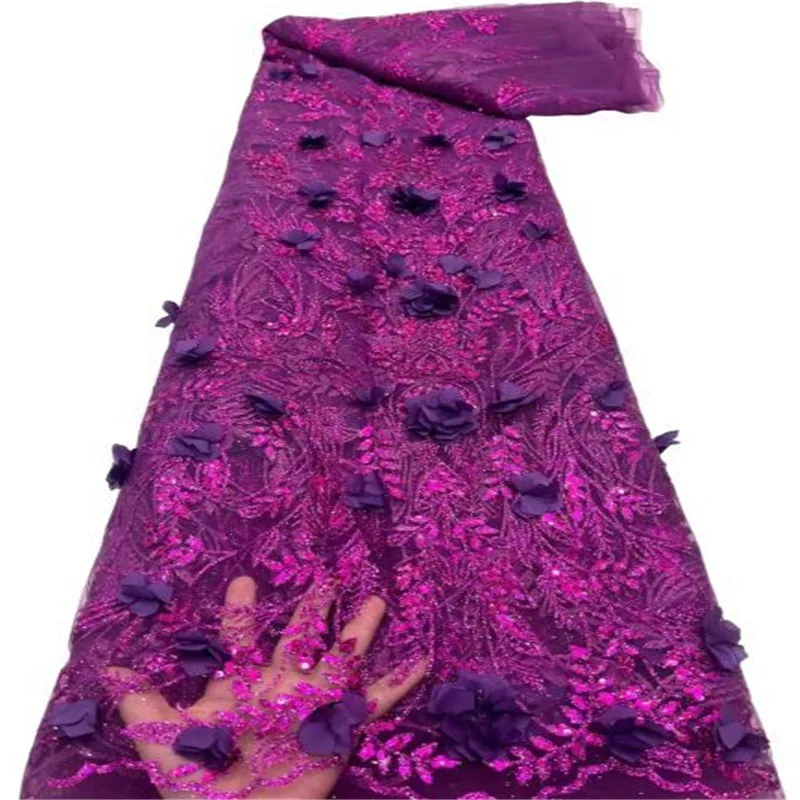 

Розовая 2023 фиолетовая Новинка Высокое качество элегантная 3D африканская вышивка тюль кружева пайетки 3D Цветочная ткань для свадебного платья