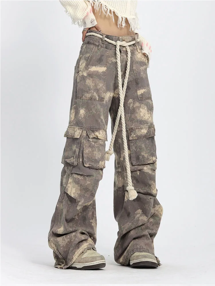 

American Style Vintage Tie Dye Women High Waist Trousers Autumn Winter 2022 Loose Wide Leg Tie Up Cozy Pants Female Streetwear