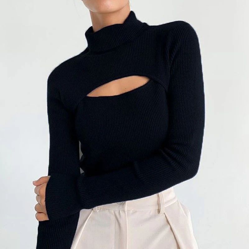 pink sweater Women's sexy pullover sweater Turtleneck long sleeve hollow-out slim women's sweater fashion spring/Fall 2022 cardigan