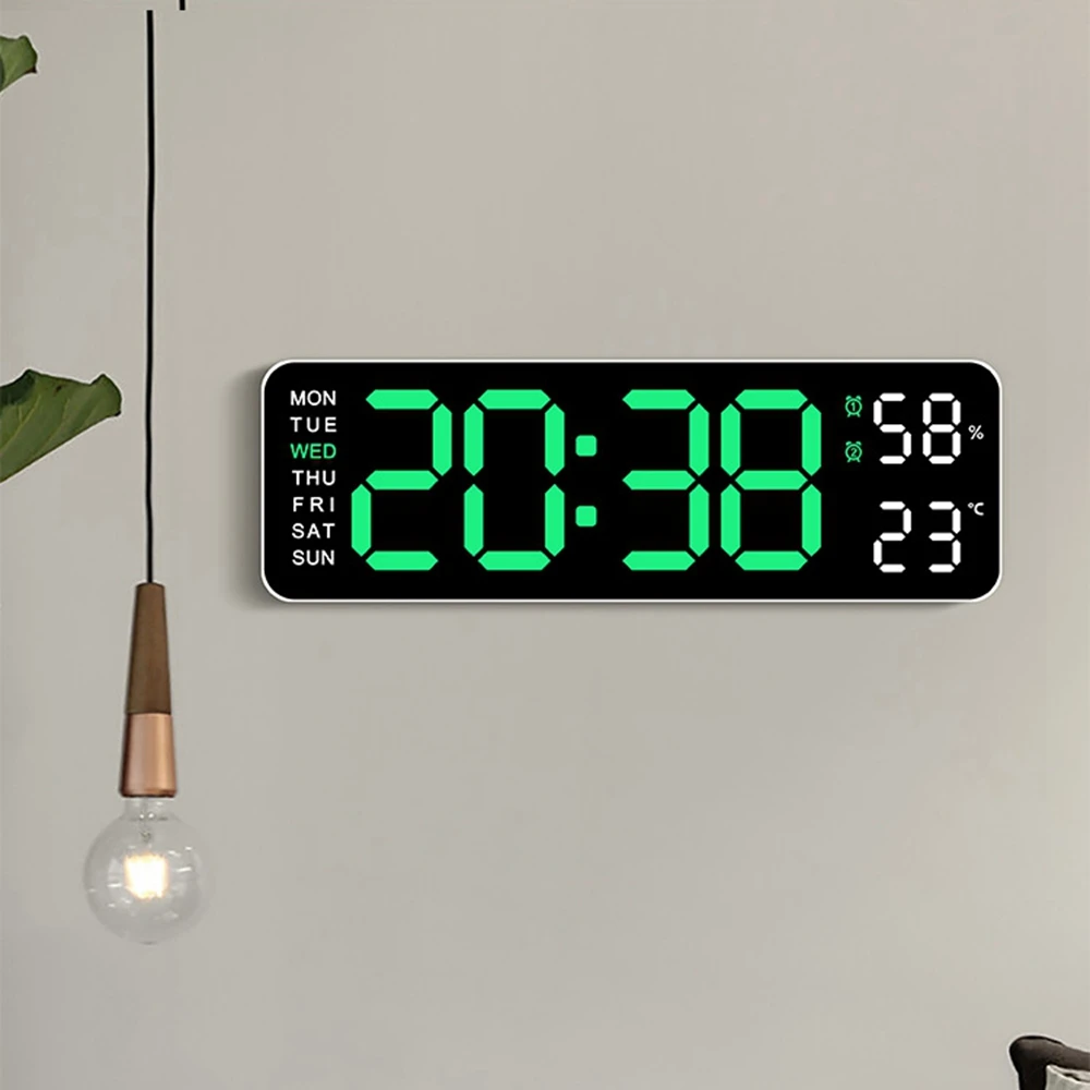 

Large Digital Wall Clock Temperature and Humidity Week Display Brightness Adjustable Electronic LED Table Alarm Clock 12/24H