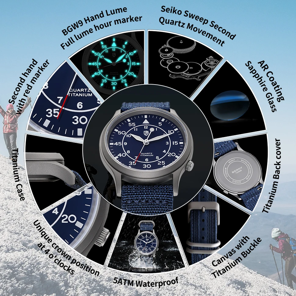 BERNY Men\'s Quartz Watch BERNY VH31 Super Luminous Sapphire Glass Fashion 5ATM Waterproof Titanium Men\'s Vintage Pilot Watch