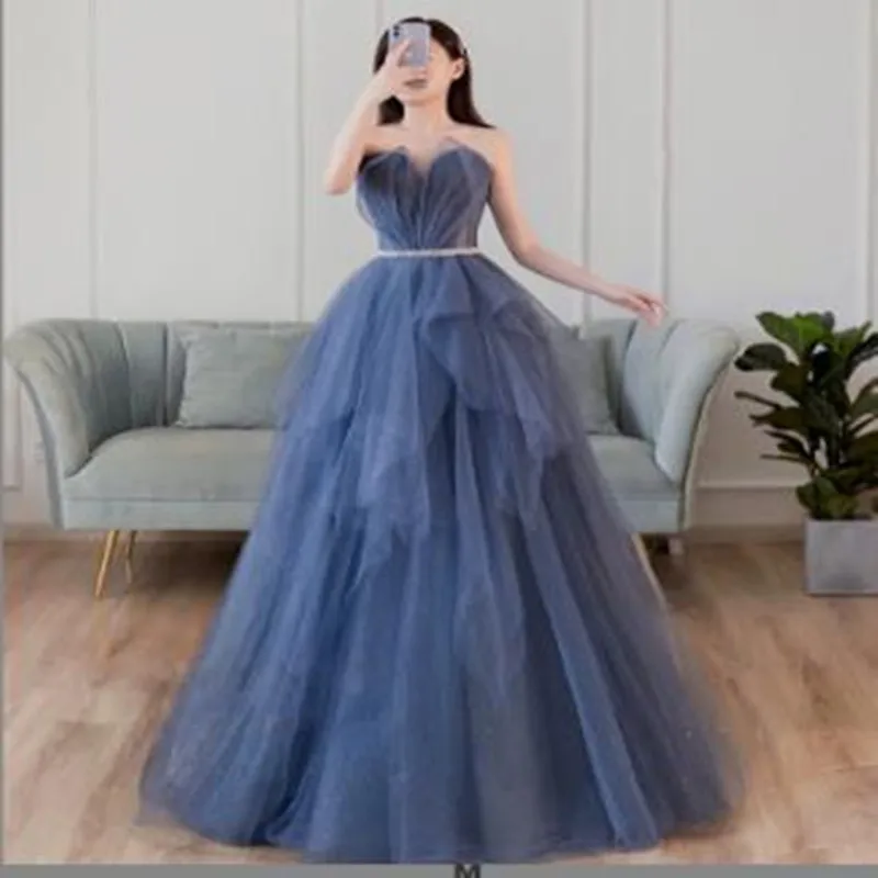 

A-Line Women's Evening Prom Dresses Off the Shoulder Tulle Party Gown Vestidos Lace Up Back Dresses