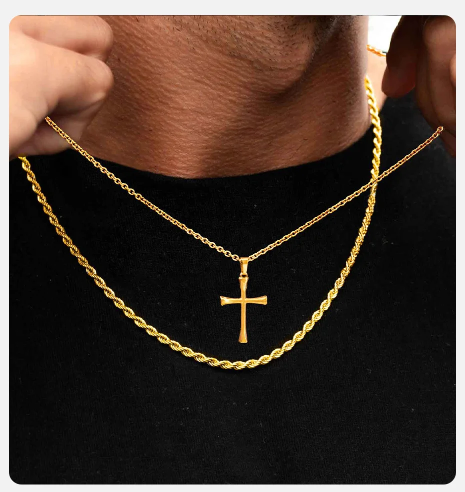 Einfache goldfarbene Kreuz-Halskette für Männer, Edelstahl-Kreuz-Pullover-Kette, Schmuck, Geschenk – Detail 2