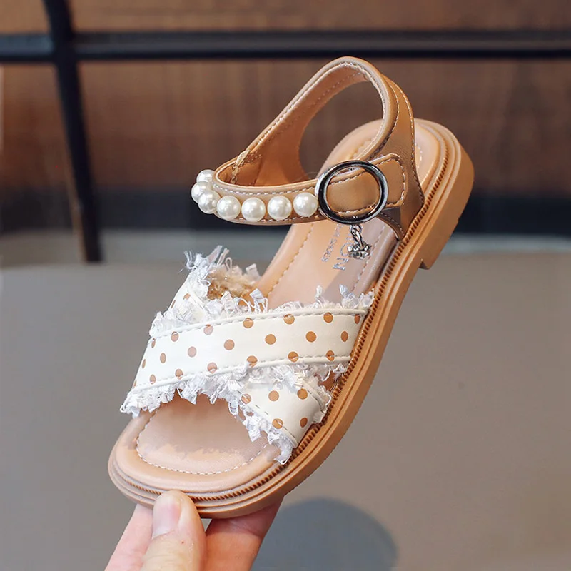 

Baby Girl Lace Brim Dot Sandals Open Toes Little Kid Summer Pearl Hoop & Loop Shoes 2023 Child Fashion Flat Sandal 22-31