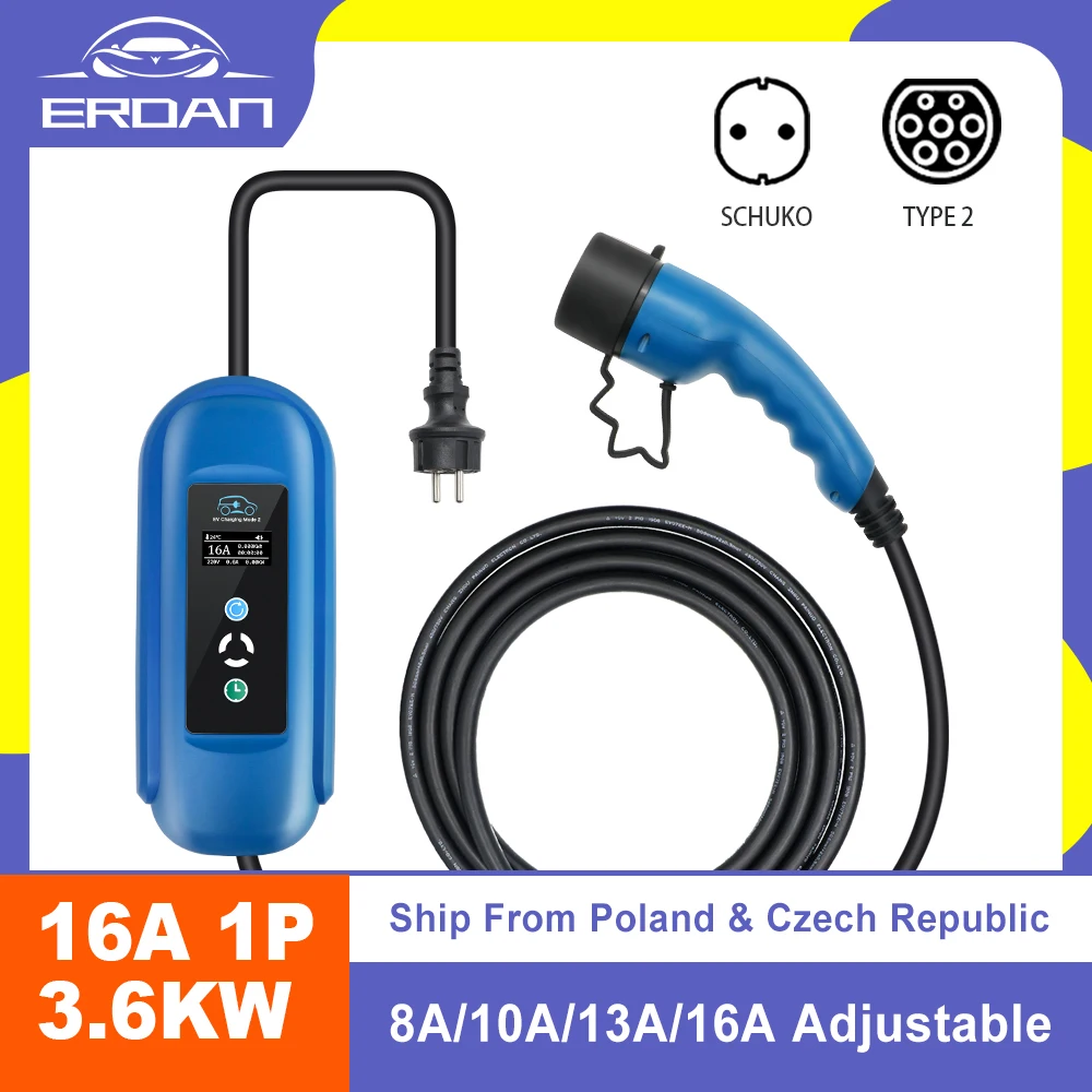 

EV Portable Charger Model2 16A 1Phase 3.6KW Type 2 IEC 62196-2 Portable EV Portable Electric Car Charger Schuko Plug 5M Cable
