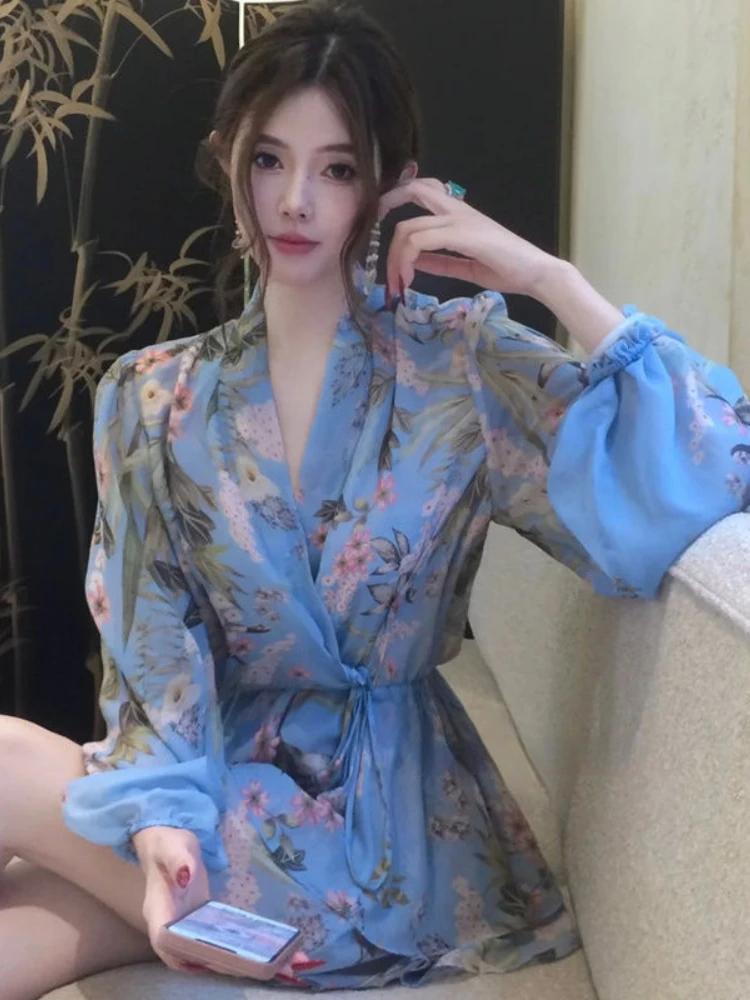 

French Elegant Vintage Flower Chiffon Dress Women Casual Retro Lantern Sleeve Mini Dress Female Even Party Korean Fashion Summer