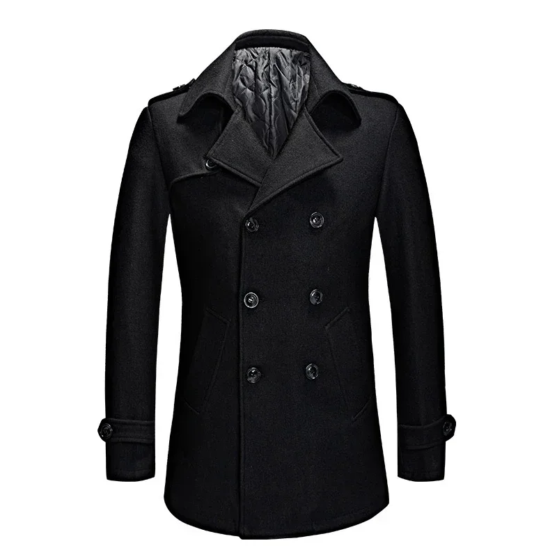 

Fashion Pea Coat Men Spring Fall Winter Double Breasted Casual Long Woolen Coats Mens Overcoat Male Peacoat