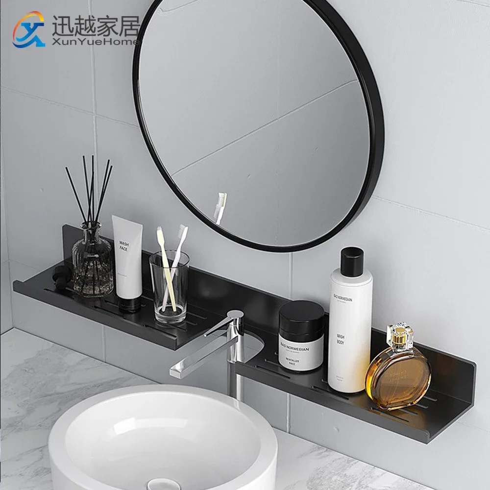Mirror Front Faucet Rack Toliet Wall Cosmetic Storage Shelf Black Aluminum Tray Shower Home Organizer Holder Bathroom Accessorie
