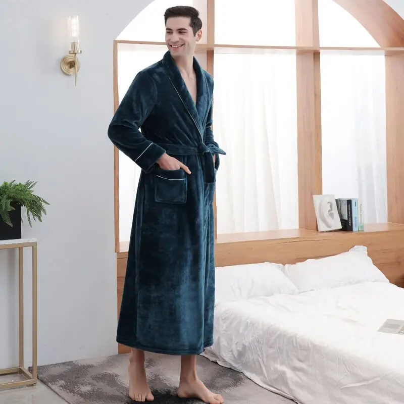 Men Luxury Winter Super Long Thick Warm Pocket Flannel Bathrobe Plus Size Fleece Kimono Bath Robe Couple Night Dressing Gown