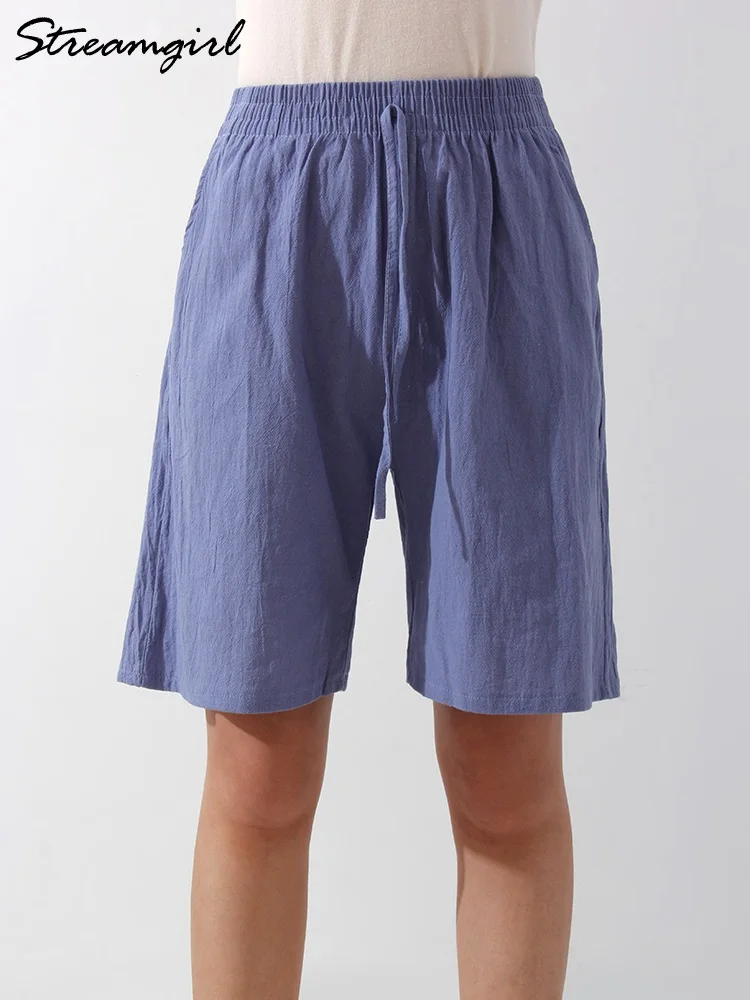 QILAKOG Women's 2024 Cotton Linen Shorts Elastic Waist Women High Waisted Dressy Womens Summer Casual Office Work Ladies Flare Short Pants Pockets Xx