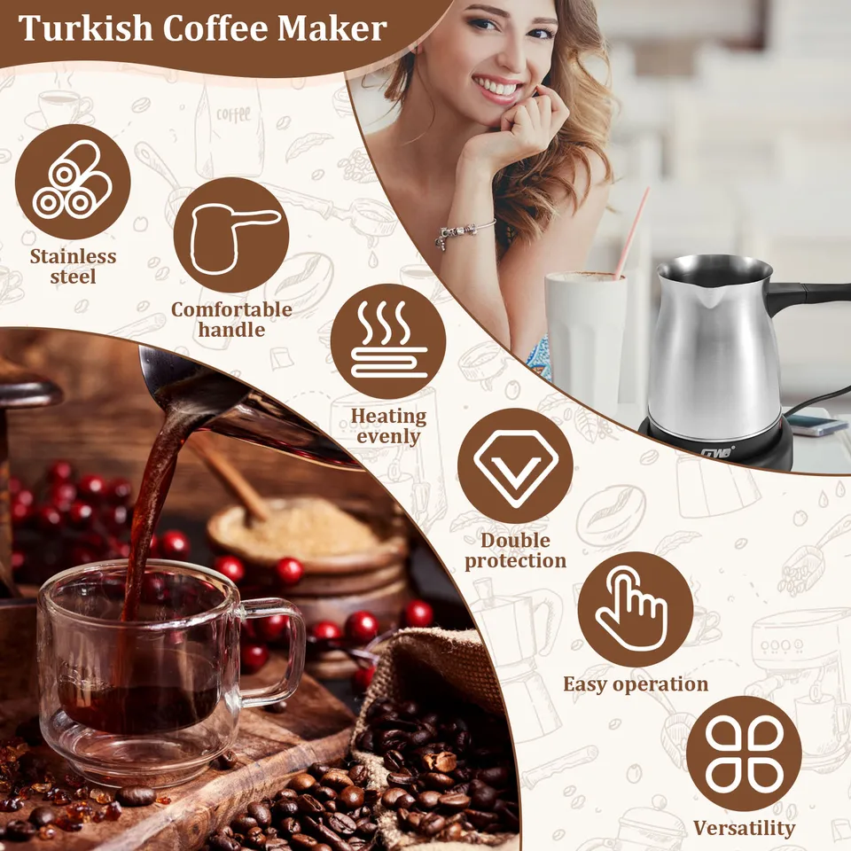 Cafetière Turque Électrique 500ML En Acier Inoxydable 600W - Machine à Café Grecque Noire