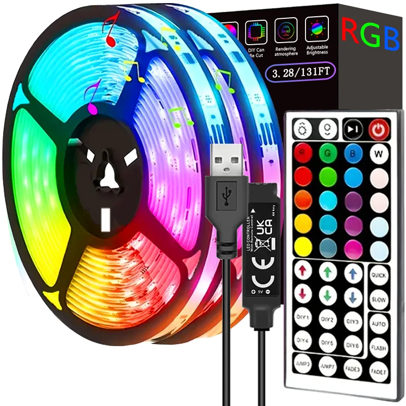 ไฟแถบ LED RGB พร้อมรีโมทคอนโทรล 44 ปุ่ม สำหรับตกแต่งบ้าน ห้องนอน งานปาร์ตี้ ไฟแบ็คไลท์ทีวี ผนัง ห้อง ความยาว 1 ม. 3 ม. 5 ม. 10 ม. 20 ม. 30 ม. 40 ม. 1