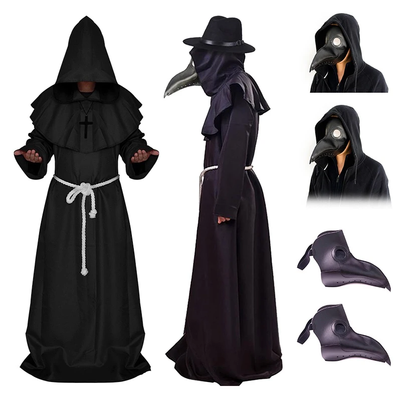 

Halloween Medieval Hooded Robe Plague Doctor Costume Mask Hat For Men Monk Cosplay Steampunk Priest Horror Wizard Cloak Cape