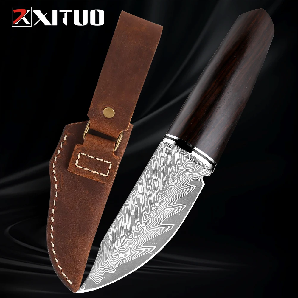 

XITUO Pocket Paring Knife Handmade Hunting Fixed Blade Knives Damascus Steel Japanese Chef's Collection Gift Leather Cover New