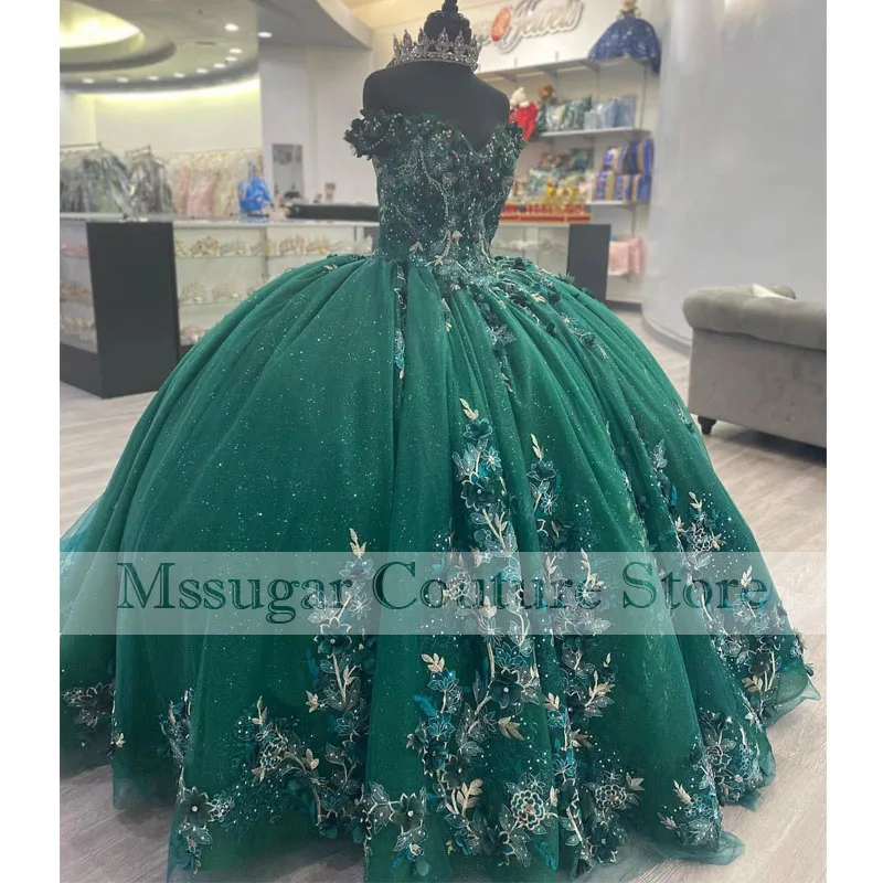 Emerald Green Exquisite Ball Gown Quinceanera Dress 3D Flower Lace Up Back 15 Year Party Birthday Princess Formal Gown Vestidos