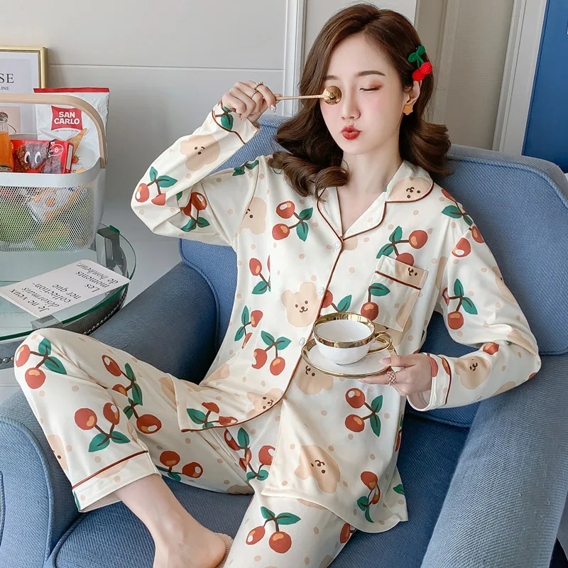 New 2021 Spring Summer Cotton 2 Piece Pajamas Set Women New Printed Colorful Sleepwear Long Sleeve Pajamas Female Sleep Homewear