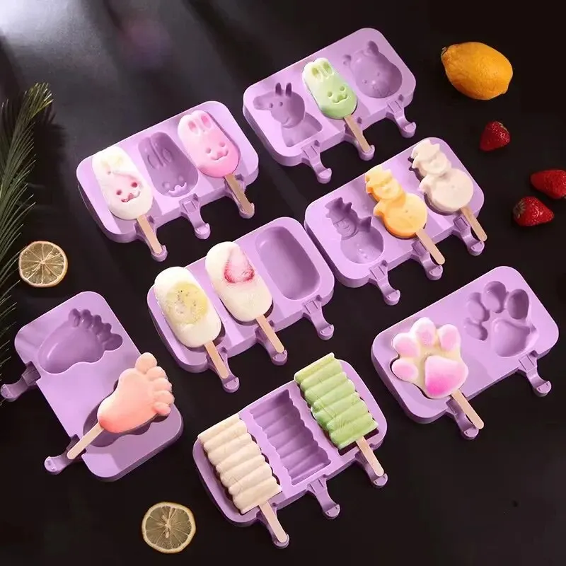 ice cream mold Silicone Ice Cream Mold Popsicle Siamese Molds Lid DIY Homemade Ice Lolly Cartoon Cute Image Handmade Kitchen Tools