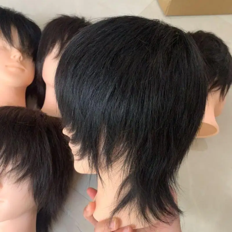 Testa di manichino con capelli umani veri, capelli corti neri, perfetta per la pratica di parrucchieri, strumento per lo styling e la bellezza. - immagine 5