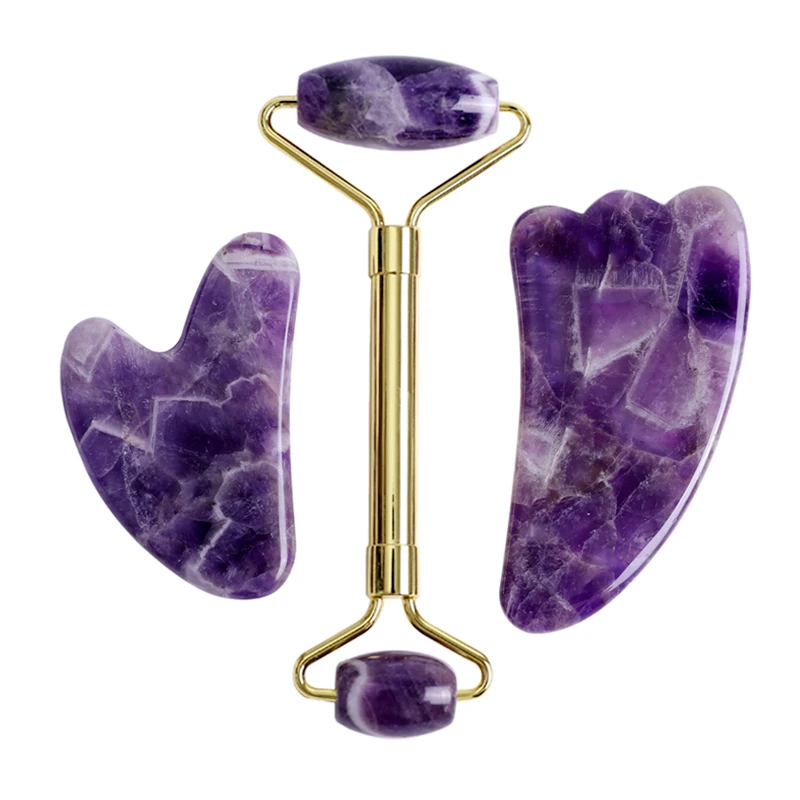 

Natural Amethyst Jade Face Massage Roller Guasha Scraper Set Gouache Stone Facial Roller Massager Gouache Scraper Massage Tools