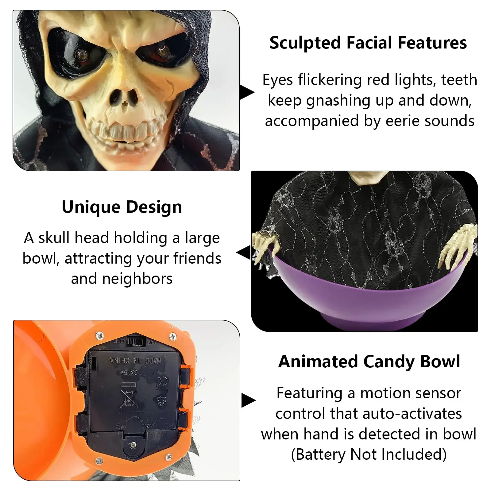 Halloween Candy Bowl Electric Fruit Tray Haunted Party Props Skeleton Bowl for Trick or Treating Halloween Party Decoration