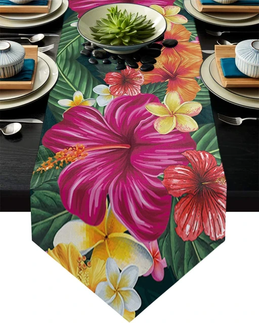 Linen Table Runner Holiday Party Decoration Tropical Leaf Flowers