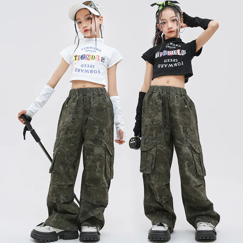 

New Jazz Dance Costumes for Girls Black White Short Sleeve Camouflage Pants Streetwear Children Clothes Hip Hop Performance Wear