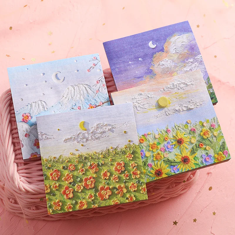

4pc Kawaii oil painting Sticky Notes Tearable Planner Notepad Memo Pad Scrapbooking Office School Supplies Stationery Stickers