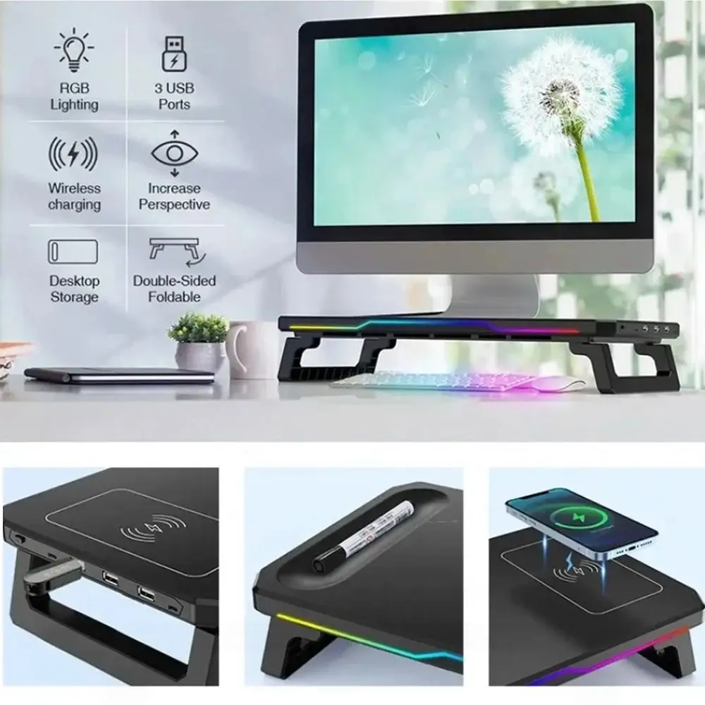 3개의 USB 2.0 포트가 있는 PC 모니터 스탠드, RGB 조명, 무선 충전, 노트북 모니터 홀더, 인체공학적 타입-C 노트북 수납 랙