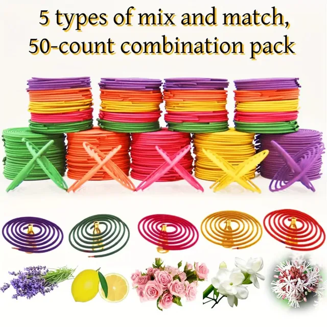 50pcs Mixed Fragrance Incense Sticks, Spiral Shape, Lemon, Rose, Jasmine, Lavender, Orange, 3-4 Hours Burn Time, Mild Fragrance,