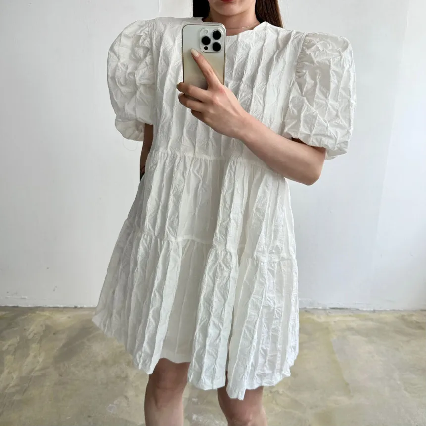 Description Picture 2 of itemREALEFT Spring Summer Vintage Puff Sleeve Women's Dresses 2025 New High Waist O-neck Casual Loose A-line Short Dresses for Women