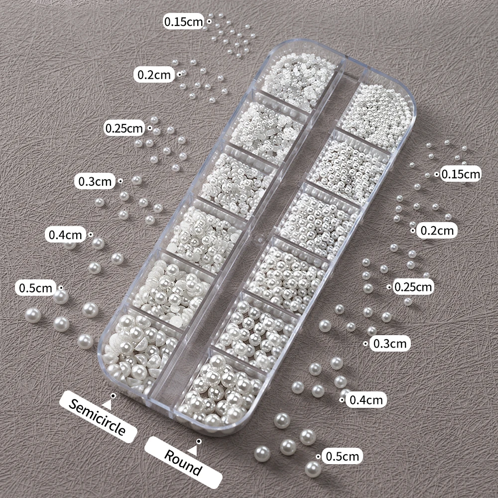 12 Grids Mixed White Pearl Nail Charms 3D Round/Semicircle Pearl Beads Nail Art Rhinestones Manicure Accessories DIY Parts Y7%6K 6