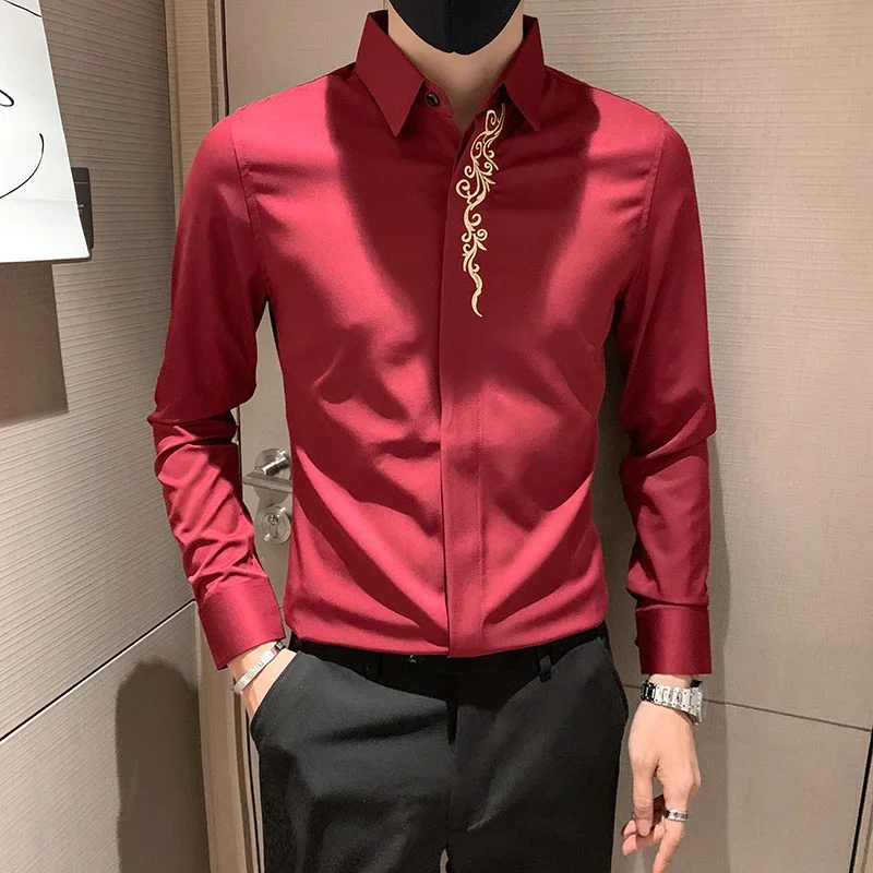 

Long-sleeved Embroidery Camisa Social Masculina Turndown Collar Slim Fit Mens Dress Shirt Tops Fashion Noble Buttons Up Shirts