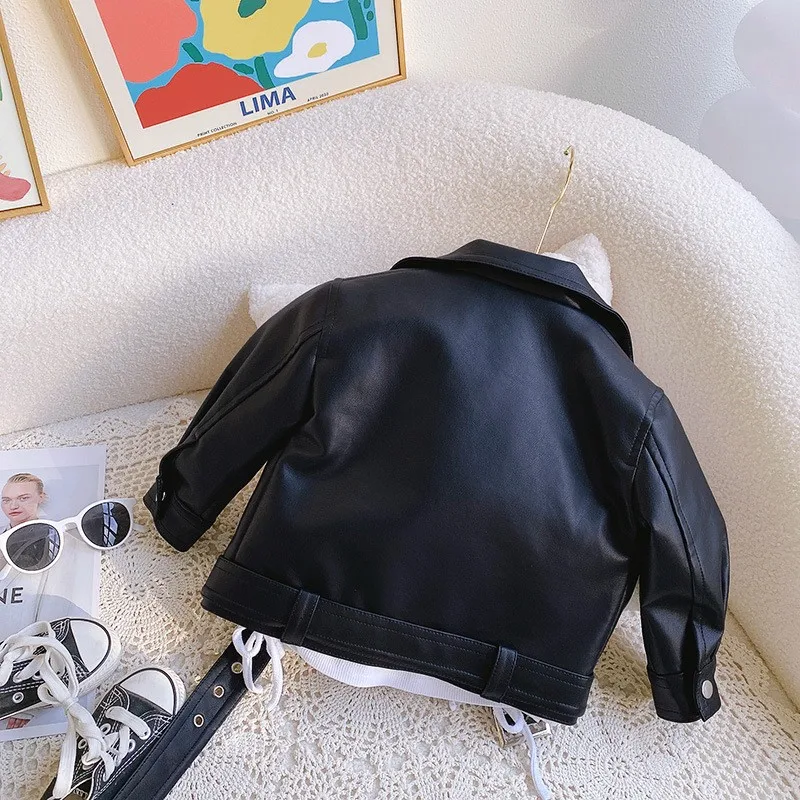 PU Leather Jackets Kids Boys Girls Autumn Spring Classics Lapel Zipper Outerwear Fly Coats Casual Clothing 1-8 Years