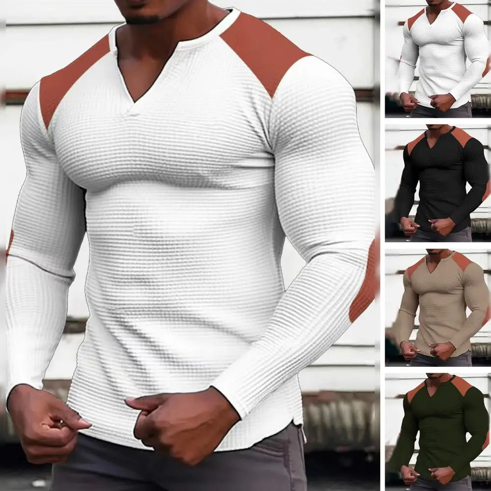 

Men V-neck Long Sleeve T-shirt Men's Slim Fit V-neck Long Sleeve T-shirt with Patchwork Color Waffle Texture Breathable for Wear