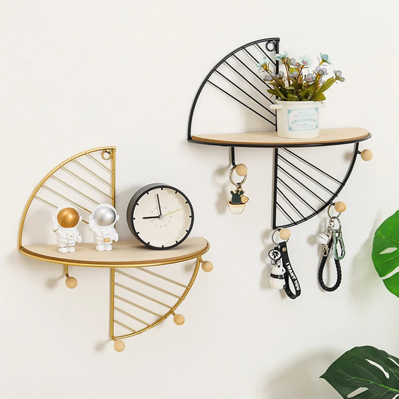 

Home Decoration Wall Storage Rack Fan Shaped Shelf with Traceless Nails Iron for Study Bedroom Living Room