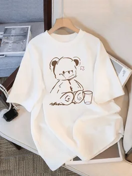 Cute Teddy Bear Print Crew Neck Tops Women's Fit Short Sleeve Cartoon Fashion Coffee Cup Kawaii Women Clothing 1
