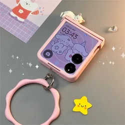 Cute Kitten Rope Strap Pendant Shockproof Phone Case with Holder - Galaxy Z Flip 4 (With strap - cat pink)