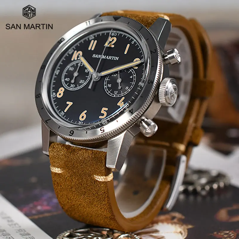 San Martin Classic Retro Pilot Vk64 Cronografo Orologio Al Quarzo Da Uomo Lunetta Bidirezionale Business Orologio Luminoso Impermeabile Vintage